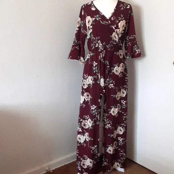 Miami Long Maxi Dress Romper Burgundy Size Large - Picture 2 of 10